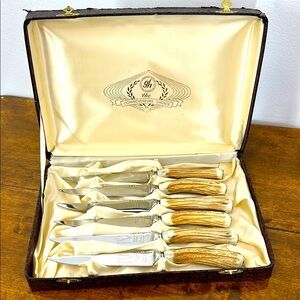 Vintage Stagmaster Steak Knives Stainless Steel Made in England Antler Host Meal